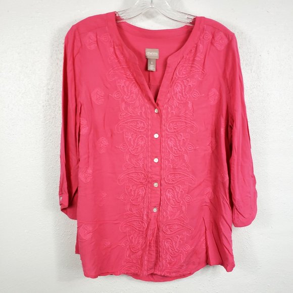 Chico's Women's Coral Pink Embroidered Henley Style Button Down Shirt Top Blouse - Picture 11 of 13